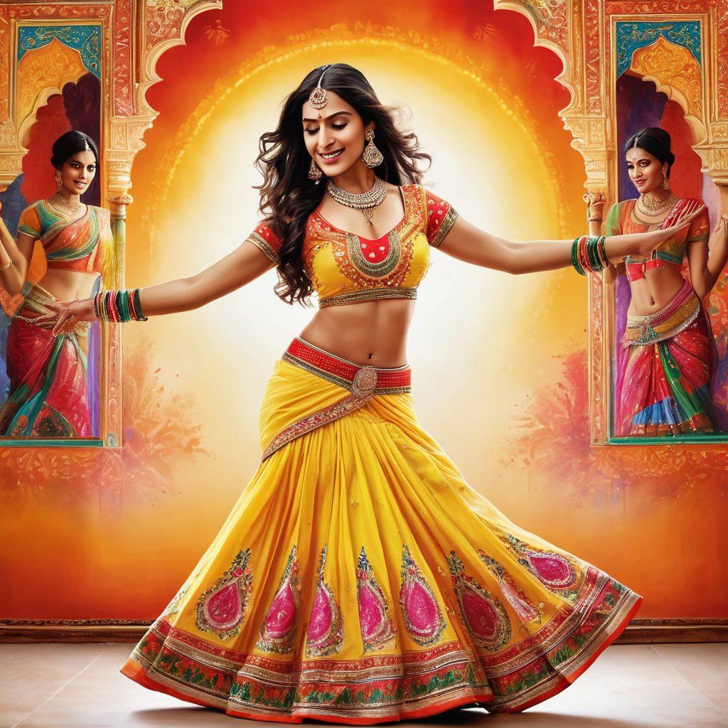 A lively scene showcasing a group of diverse dancers in traditional Indian attire, joyfully performing amidst a colorful backdrop of Bollywood movie posters and musical notes. Incorporate elements of Indian culture like vibrant decorations, intricate patterns, and instruments like the tabla and harmonium. Infuse the atmosphere with a sense of celebration and unity, reflecting the essence of Bollywood's cheerful melodies. super-realistic. vibrant colors. white background.
