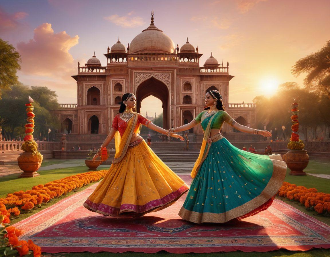 A vibrant scene illustrating an Indian film set, adorned with traditional colorful decorations, dancers in folk costumes, and iconic elements like peacocks and lotus flowers. The background showcases a sunset over historical monuments, while film reels and a director's chair hint at cinematic experiences. The atmosphere radiates joy and cultural richness. super-realistic. vibrant colors. 3D.
