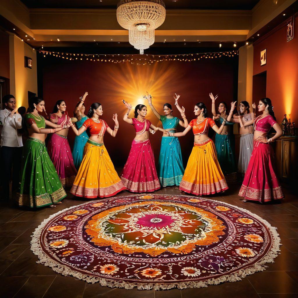 A vibrant celebration scene depicting a lively Bollywood dance party, featuring colorful traditional attire, joyful dancers, musical instruments, and decorative lights. Include elements of Indian festivities like rangoli and sweets, with an overlay of joyful expressions reflecting the essence of Indian life. super-realistic. vibrant colors. festive atmosphere.